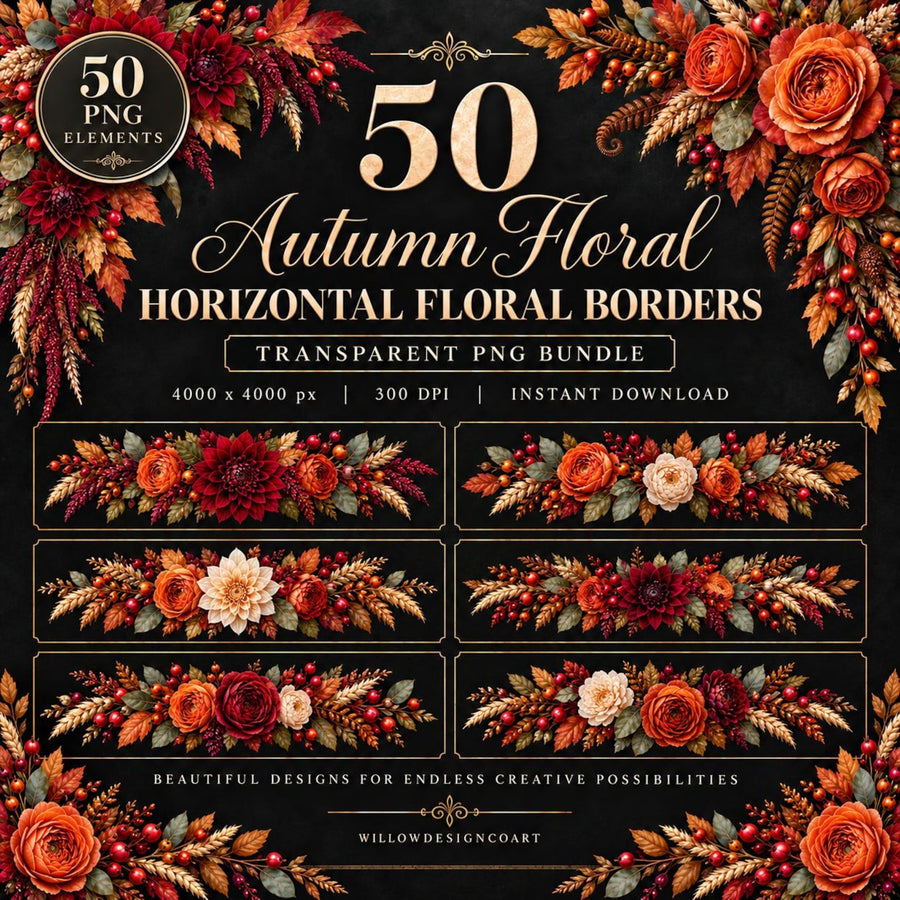 Autumn floral horizontal borders preview showing 50 transparent PNG designs