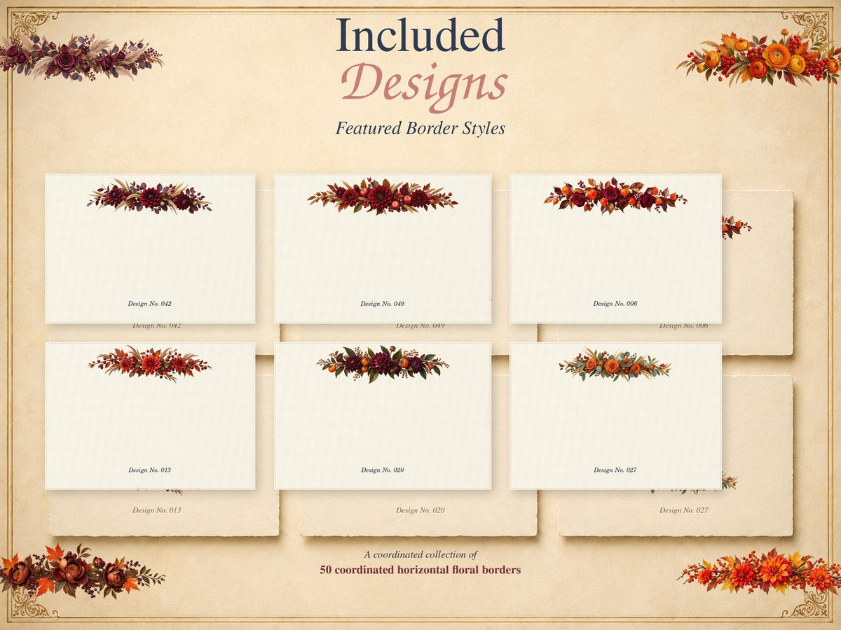 Featured horizontal floral border designs included in the 50 PNG collection