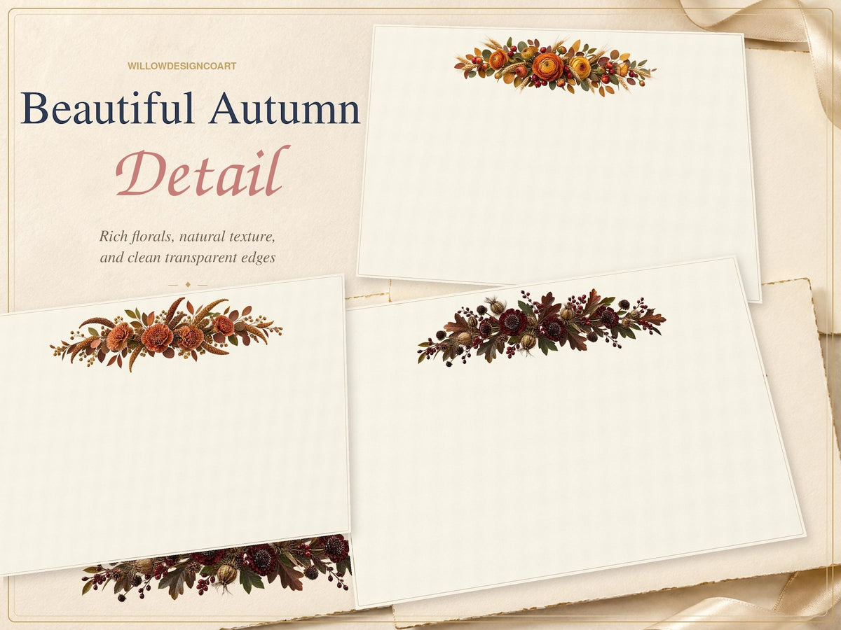 Autumn floral detail previews with transparent border designs