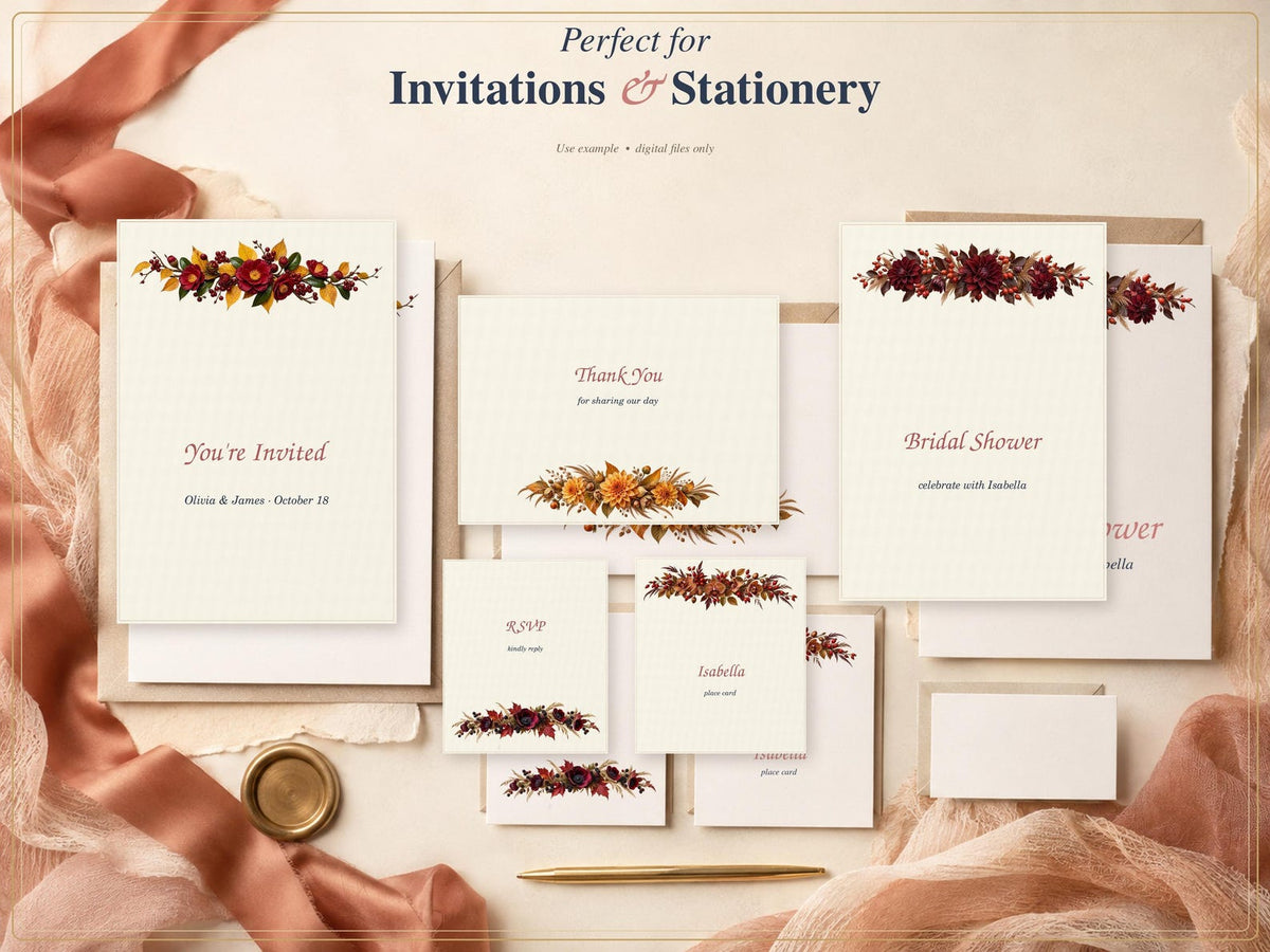 Autumn floral border mockups for invitations and stationery
