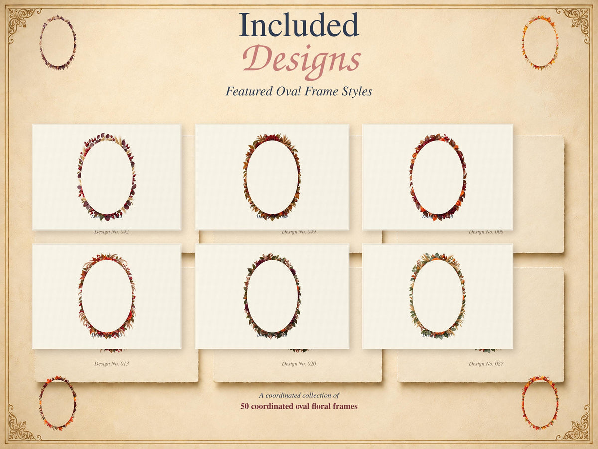 A collection of six oval floral frames displayed on rectangular cards. The text Included Designs Featured Oval Frame Styles and A coordinated collection of 50 coordinated oval floral frames is visible on the beige background.
