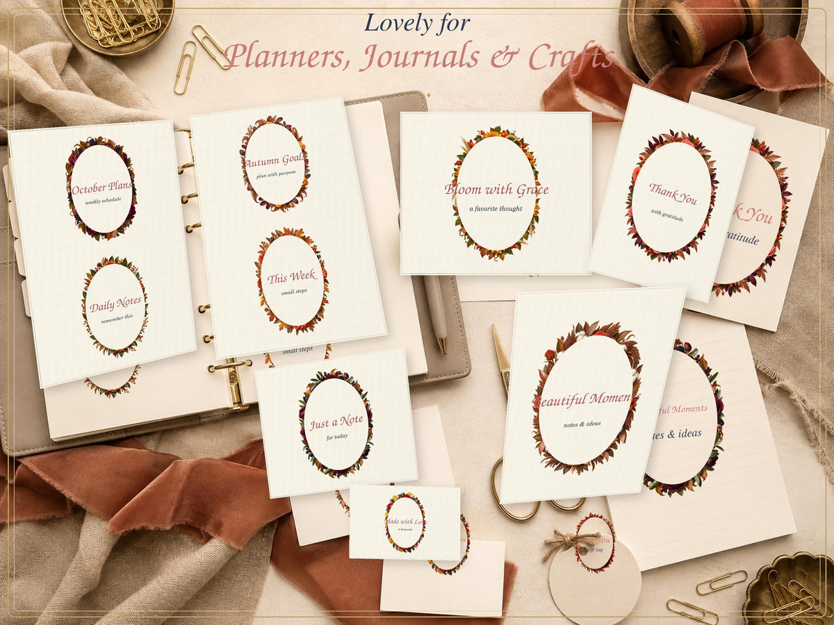 A collection of white stationery cards and planner inserts featuring oval frames made of autumn leaves. The text includes phrases like October Plans, Autumn Goals, Bloom with Grace, Thank You, Just a Note, and Beautiful Moments.