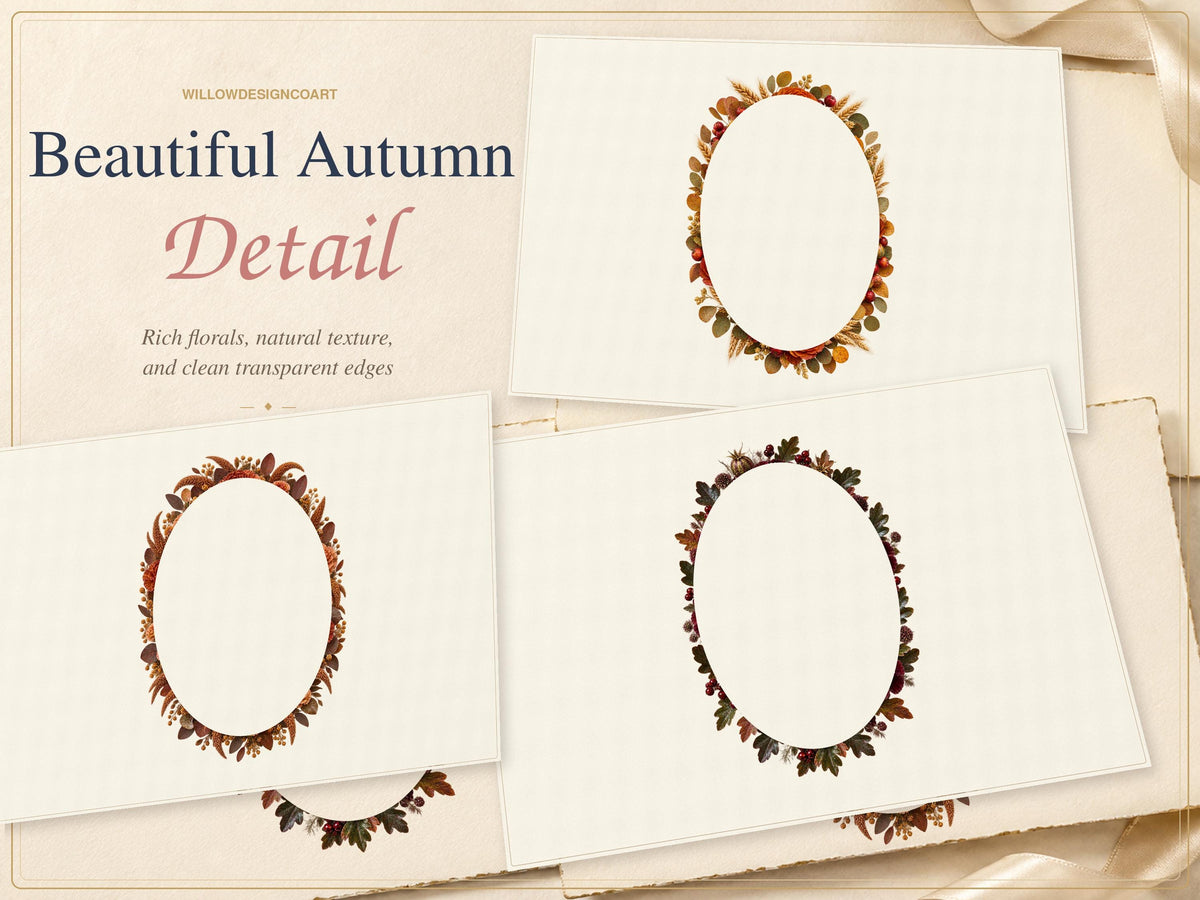Three oval frames composed of autumn-themed foliage, including leaves, berries, and wheat in shades of orange, brown, and green. The text "Beautiful Autumn Detail" and "Rich florals, natural texture, and clean transparent edges" is visible.