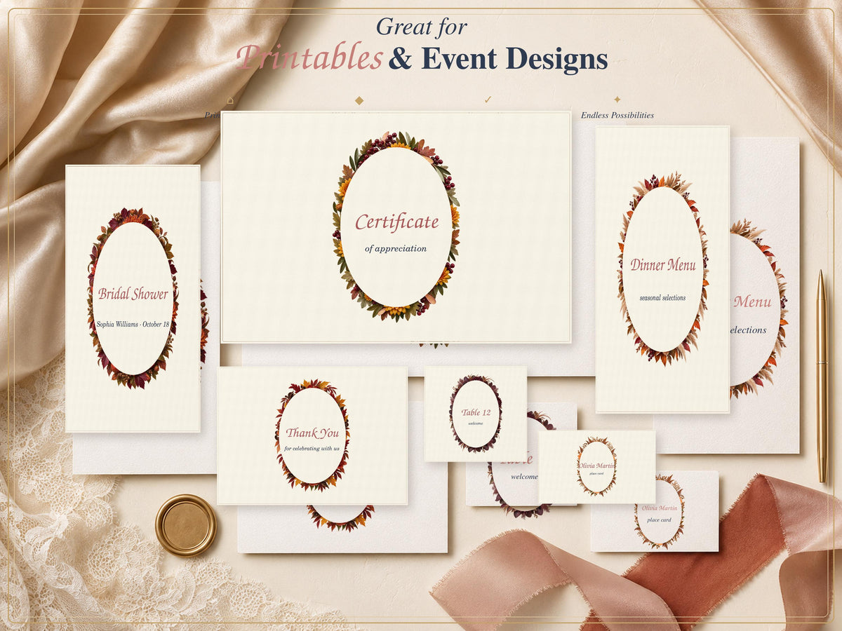 A collection of stationery templates featuring an oval wreath of autumn-colored leaves. The text includes "Great for Printables & Event Designs," "Bridal Shower," "Certificate of appreciation," "Dinner Menu," "Thank You," and "Table 12."