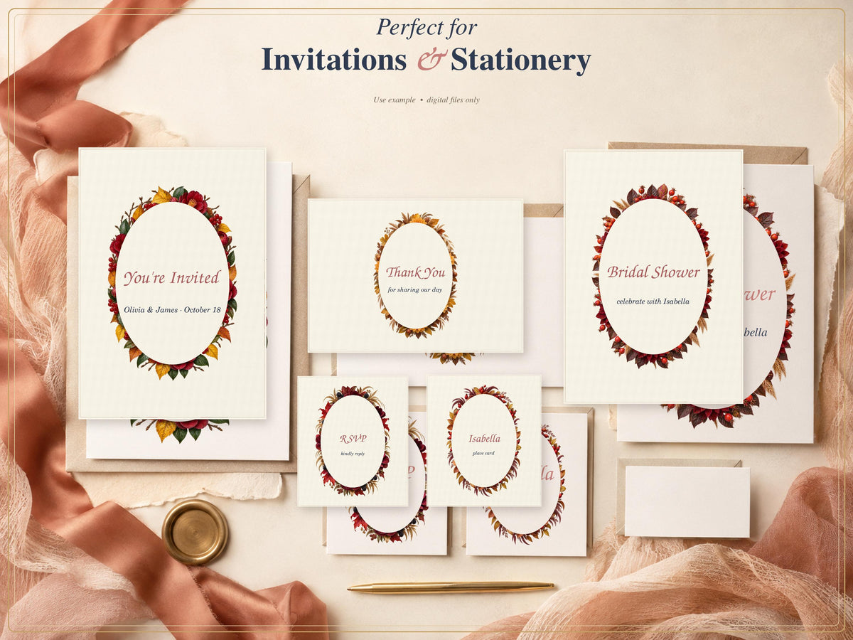 A collection of cream-colored stationery cards featuring oval frames decorated with autumn leaves in red, orange, and yellow. The text includes "You're Invited," "Thank You," "Bridal Shower," "RSVP," and "Isabella" in a serif font.