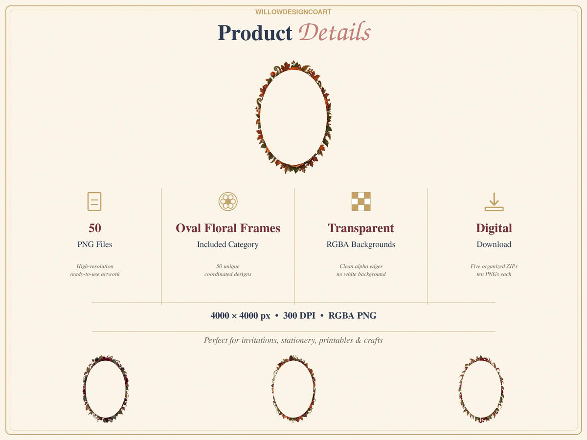 A digital product listing for 50 oval floral frames in PNG format with transparent backgrounds. The image displays the text Product Details, 50 PNG Files, Oval Floral Frames, Transparent RGBA Backgrounds, Digital Download, and 4000 x 4000 px 300 DPI RGBA PNG. Three small oval frame examples are shown at the bottom.