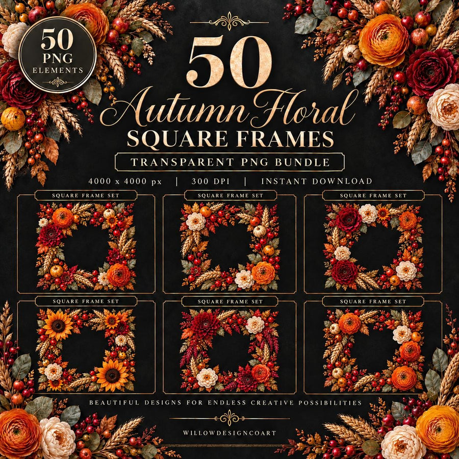 A digital bundle of 50 autumn floral square frames in PNG format. The graphic features text reading 50 Autumn Floral Square Frames, 50 PNG Elements, and 4000 x 4000 px. The design displays various square wreaths with orange, red, and cream flowers.