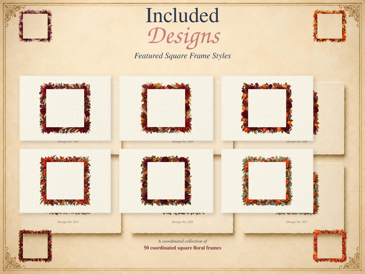 A collection of square floral frames featuring autumn-themed foliage and berries. The image displays the text Included Designs Featured Square Frame Styles and A coordinated collection of 50 coordinated square floral frames.