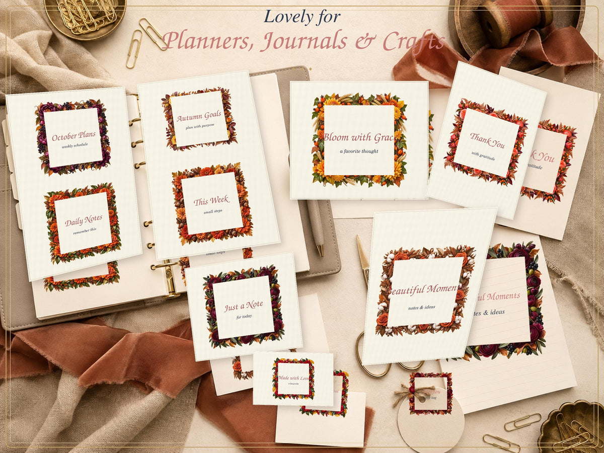 A collection of white paper cards and stickers featuring square frames decorated with autumn-themed leaves and flowers. The text includes phrases like October Plans, Autumn Goals, Bloom with Grace, Thank You, and Beautiful Moments.
