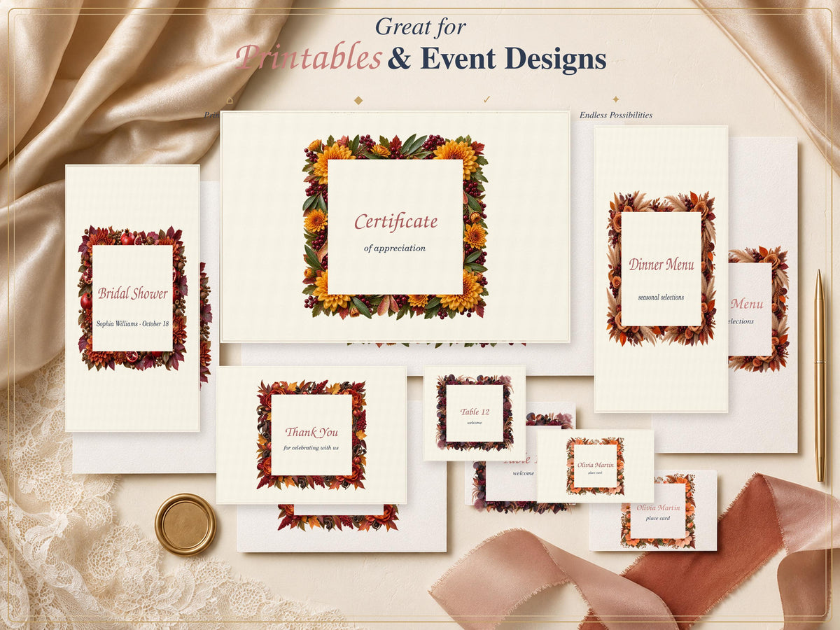 A collection of cream-colored stationery cards featuring autumn-themed floral borders with orange, yellow, and deep red leaves and flowers. The text includes "Great for Printables & Event Designs," "Certificate of appreciation," "Bridal Shower," "Dinner Menu," "Thank You," and "Table 12."