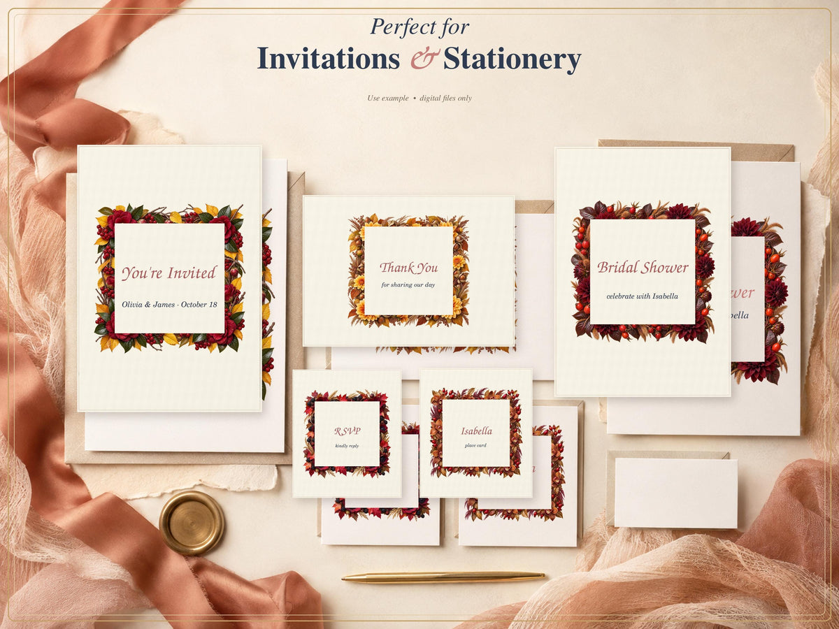 A collection of cream-colored stationery cards featuring square frames of autumn-themed floral illustrations in red, orange, and brown. Text includes "You're Invited," "Thank You," "Bridal Shower," "RSVP," and "Isabella" with "Perfect for Invitations & Stationery" at the top.