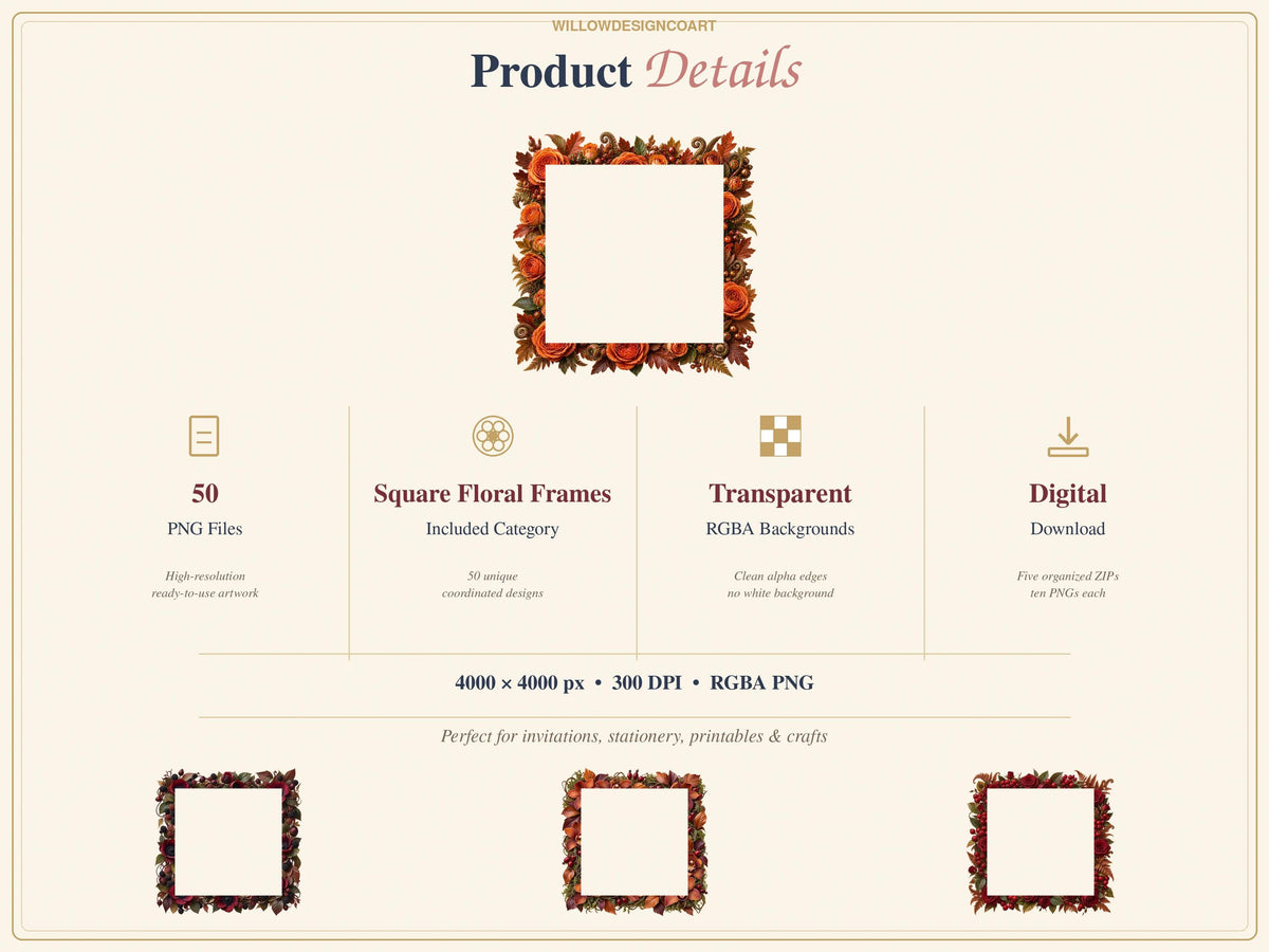 A digital product listing featuring 50 square floral frames in PNG format with transparent backgrounds. The text includes Product Details, 50 PNG Files, Square Floral Frames, Transparent RGBA Backgrounds, Digital Download, and 4000 x 4000 px 300 DPI.