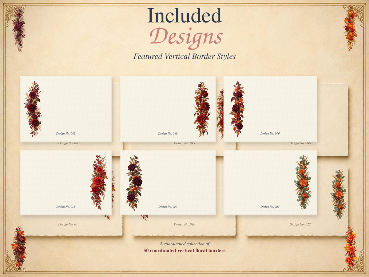 A collection of rectangular stationery cards featuring vertical floral border designs in shades of red, orange, and green. The text Included Designs, Featured Vertical Border Styles, and A coordinated collection of 50 coordinated vertical floral borders is visible.
