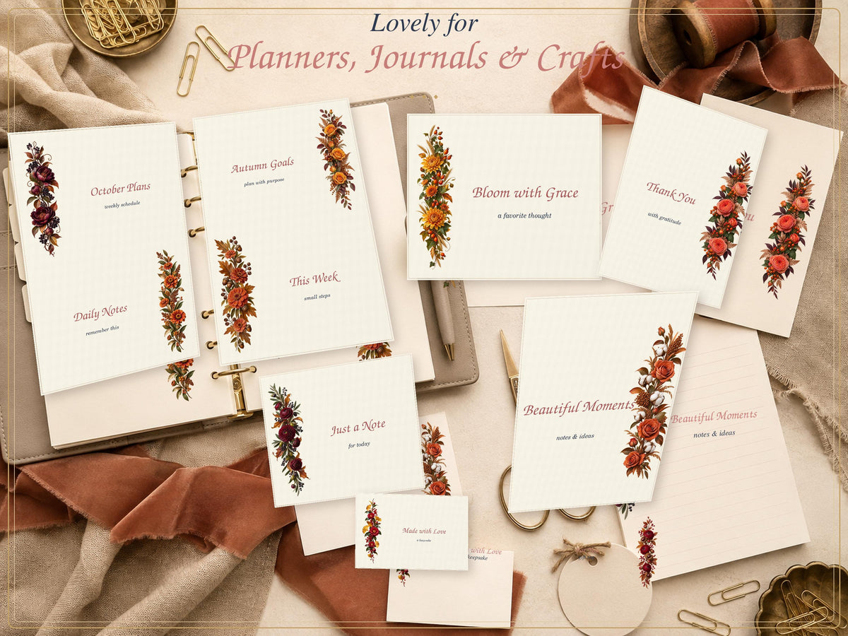 A collection of stationery items including a ring-bound planner, note cards, and paper sheets. Each piece features cream-colored paper with floral border illustrations in shades of red, orange, and brown, and printed text like October Plans.