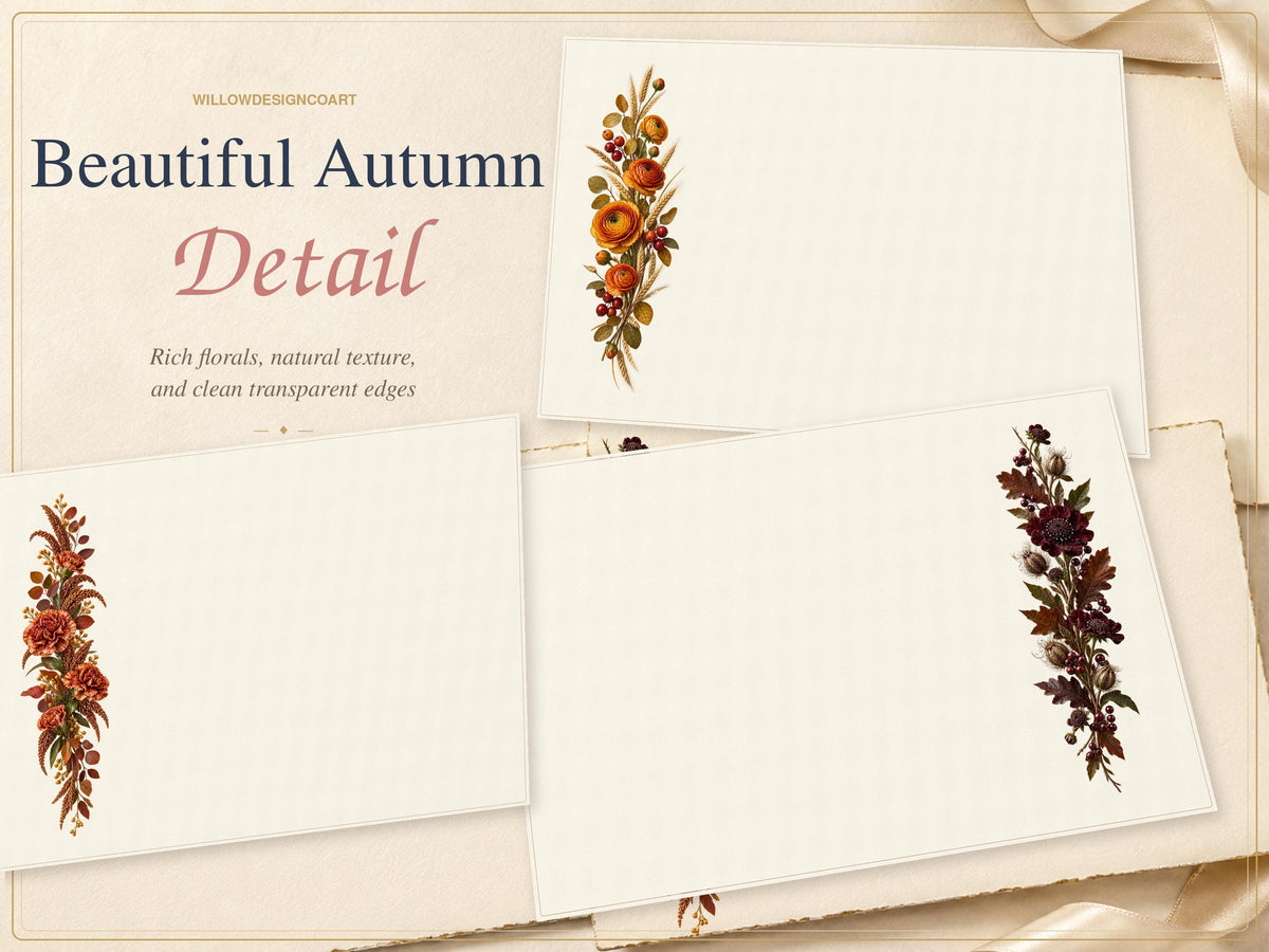 Three rectangular off-white cards featuring autumn-themed floral illustrations. The text reads WILLOWDESIGNCOART, Beautiful Autumn Detail, and Rich florals, natural texture, and clean transparent edges. Each card displays botanical motifs.