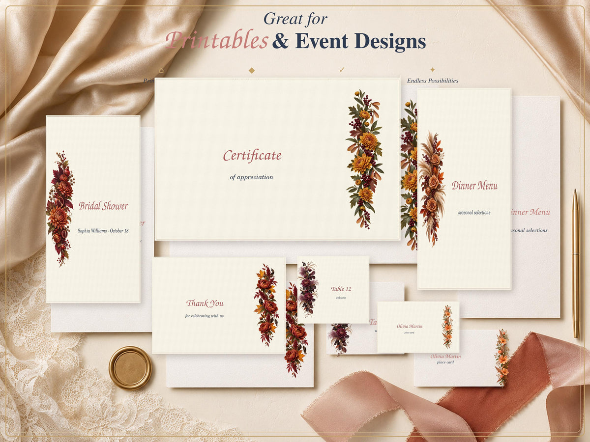 A collection of cream-colored stationery cards featuring floral arrangements in shades of orange, red, and brown. The text includes "Great for Printables & Event Designs," "Certificate of appreciation," "Bridal Shower," and "Dinner Menu."