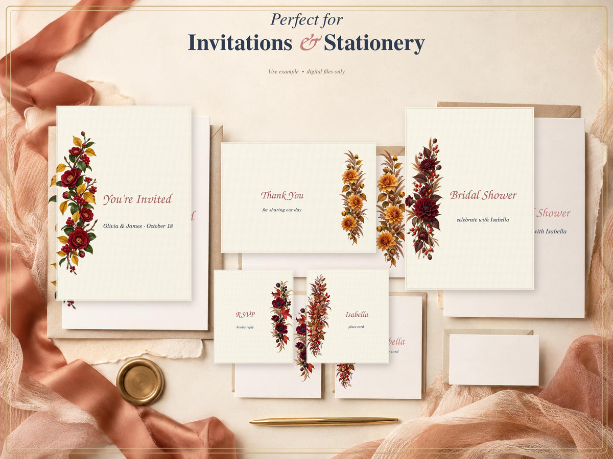 A collection of cream-colored stationery cards featuring floral illustrations in shades of deep red, burgundy, and gold. The text includes "You're Invited," "Thank You," "Bridal Shower," "RSVP," and "Isabella" alongside a gold pen.