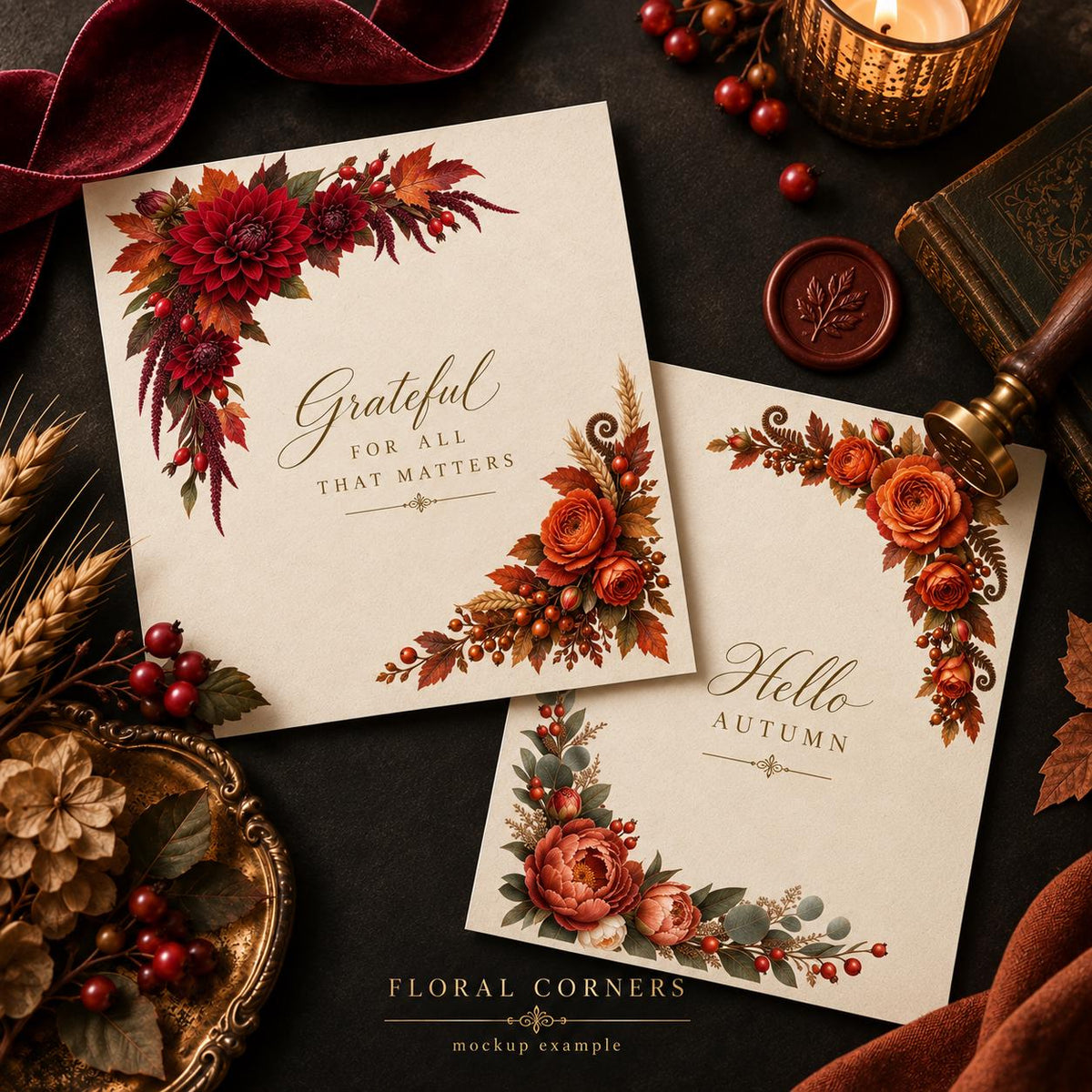 Two cream-colored rectangular cards featuring autumn-themed floral illustrations in the corners. One card displays the text "Grateful FOR ALL THAT MATTERS" and the other "Hello AUTUMN". The cards are decorated with red and orange flowers.