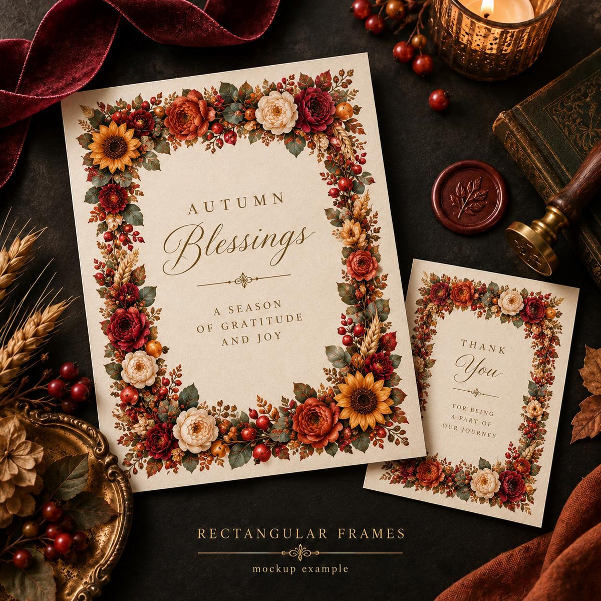 Two rectangular cards with cream backgrounds featuring floral borders of sunflowers, red roses, and berries. The larger card reads Autumn Blessings A Season of Gratitude and Joy. The smaller card reads Thank You For Being A Part Of Our Journey.
