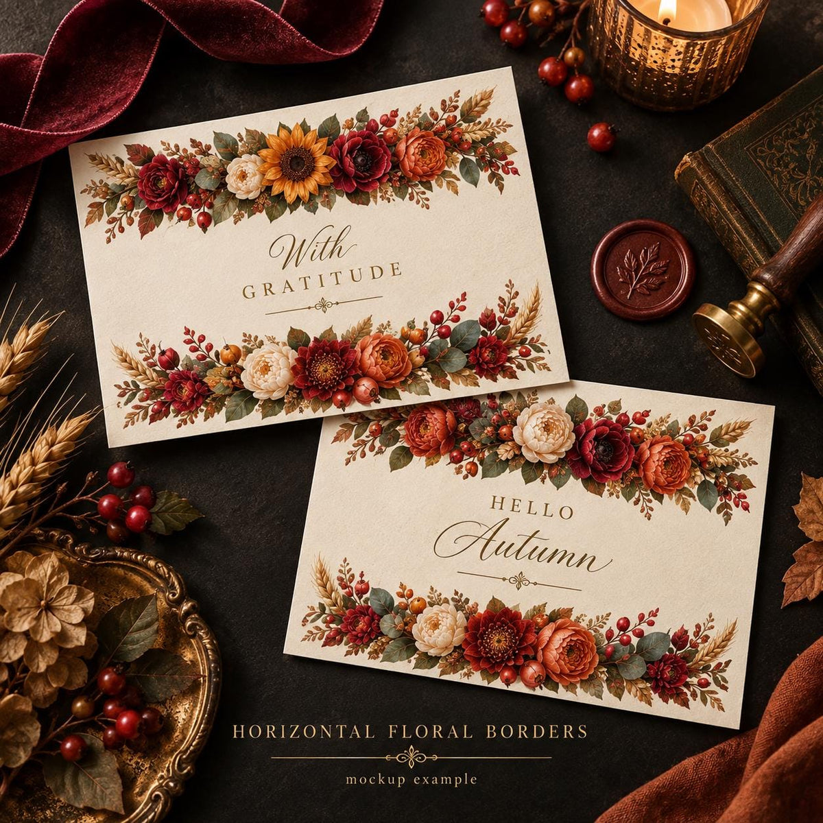 Two rectangular off-white cards featuring horizontal floral borders with sunflowers, dahlias, and berries in autumn colors. One card displays the text With GRATITUDE, and the other displays the text HELLO Autumn in elegant script and serif fonts.