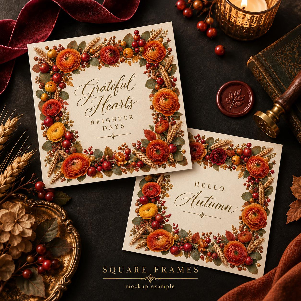 Two square greeting cards featuring a floral border of orange ranunculus, red berries, and wheat stalks. One card displays the text Grateful Hearts BRIGHTER DAYS, while the other features the text HELLO AUTUMN in elegant script.