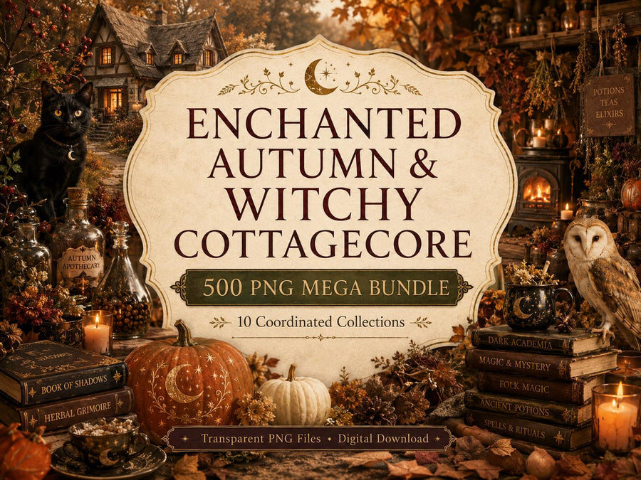 Enchanted Autumn and Witchy Cottagecore 500 PNG bundle overview